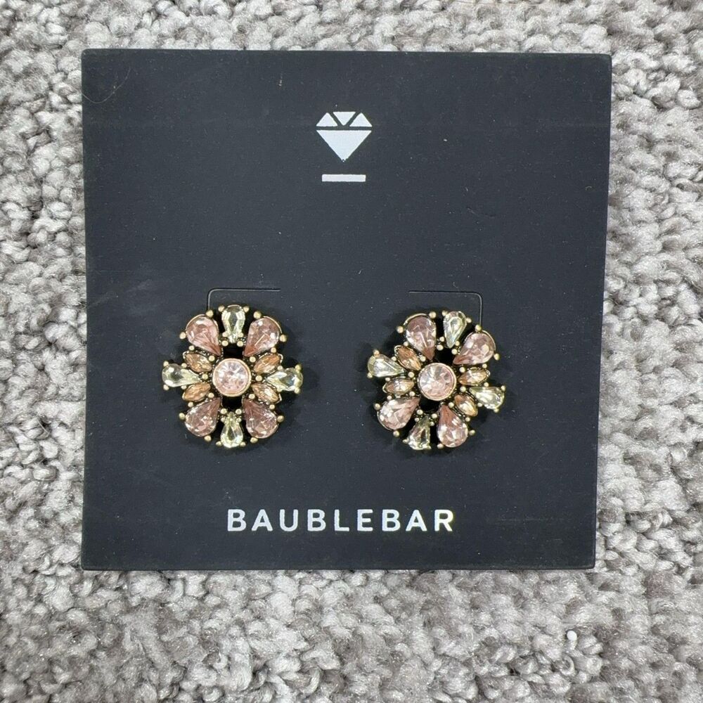 BaubleBar Earrings Pink Flower Stud Rhinestone Gold Tone Women Jewelry Signed
